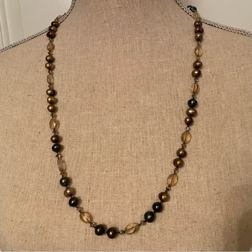 NECKLACE STRAND GREEN FRESHWATER PEARLS FACETED CRYSTALS CITRINE COLOR 28”